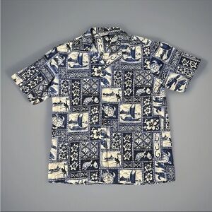 Royal Creations Button Up Hawaiian Shirt Mens Large Blue White Floral Sea Summer